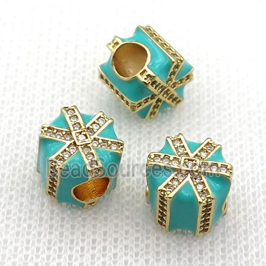 copper Christmas Candy Gift Box beads with teal enamel, large hole, gold plated