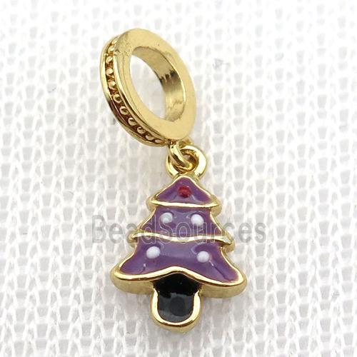 copper Christmas Tree pendant with purple enamel, large hole, gold plated