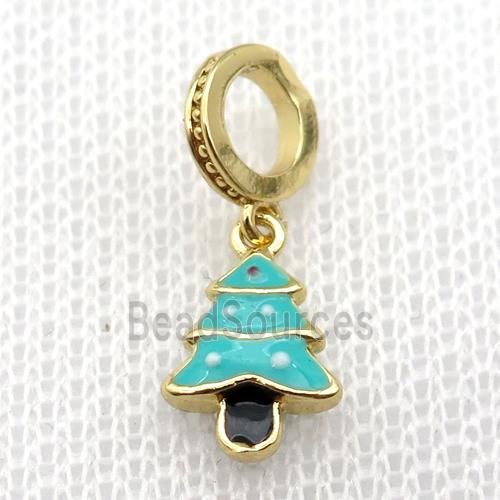 copper Christmas Tree pendant with teal enamel, large hole, gold plated