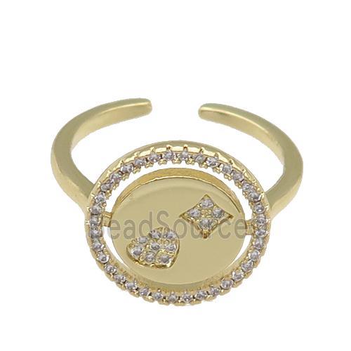 copper Ring paved zircon, heart, star, gold plated