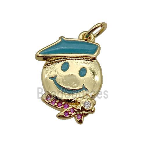 copper Emoji pendant with teal enamel, gold plated