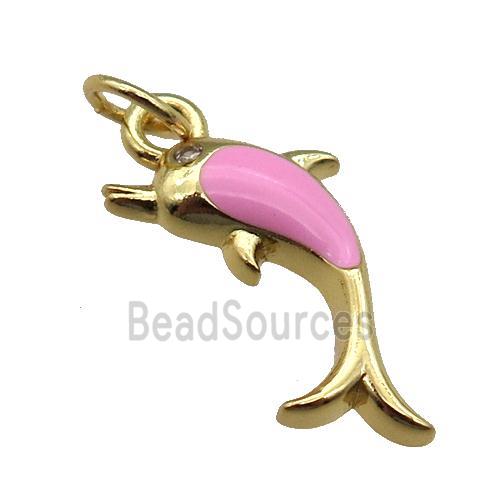 copper Dolphin pendant with pink enamel, gold plated