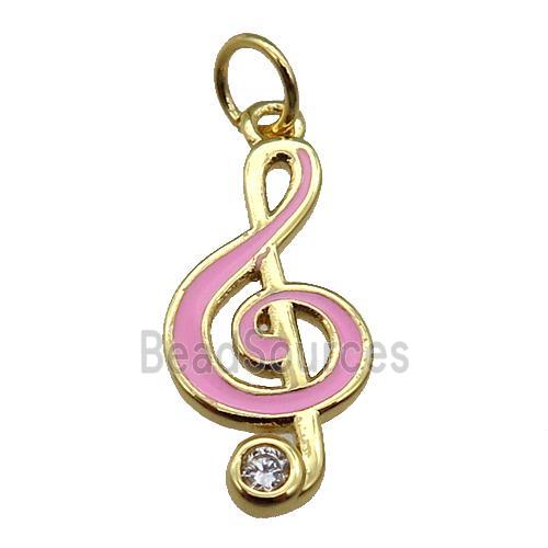 copper Treble Clef Musical Note pendant with pink enamel, gold plated