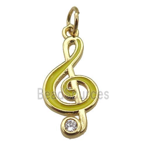 copper Treble Clef Musical Note pendant with yellow enamel, gold plated