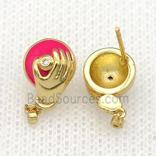 copper hand Stud Earring with hotpink enamel, gold plated