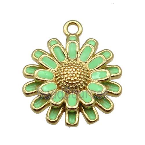 copper Sunflower pendant with green enamel, gold plated