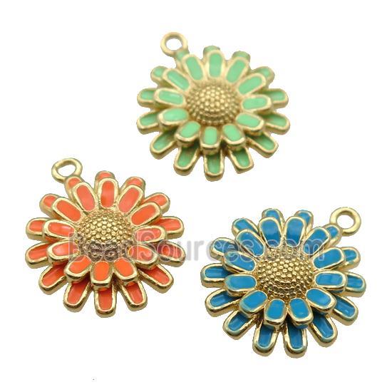 copper Sunflower pendant with enamel, gold plated, mixed