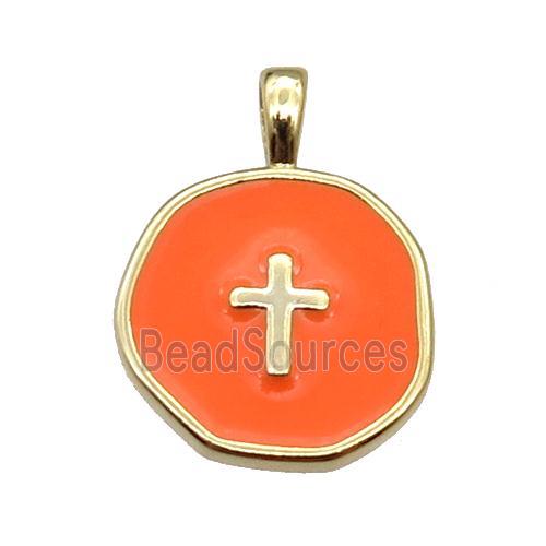 copper Circle pendant with orange enamel, cross, gold plated