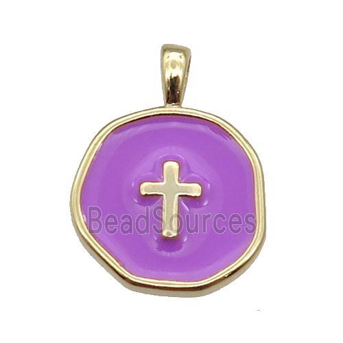 copper Circle pendant with purple enamel, cross, gold plated