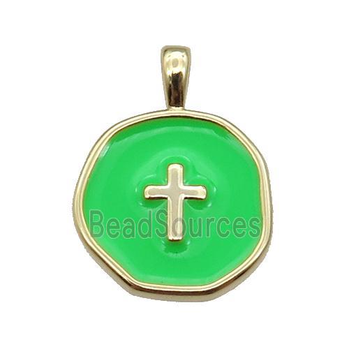 copper Circle pendant with green enamel, cross, gold plated