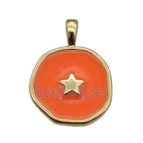 copper Circle pendant with orange enamel, star, gold plated