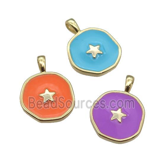 copper Circle pendant with enamel, star, gold plated, mixed