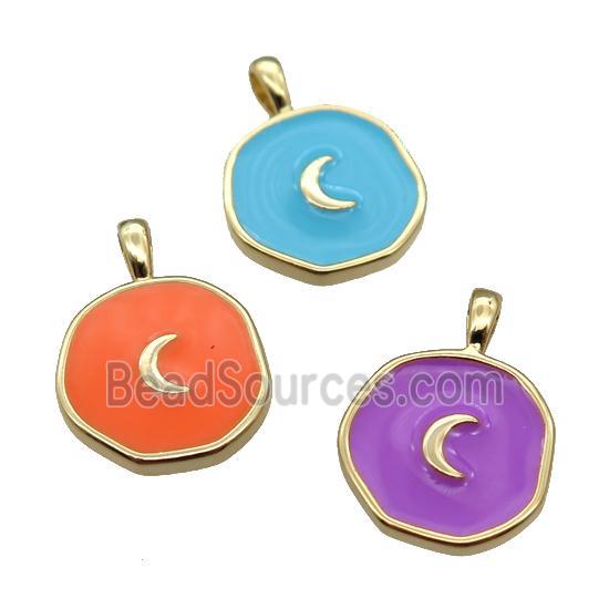 copper Circle pendant with enamel, moon, gold plated, mixed