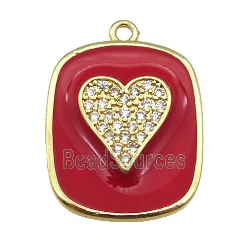 copper Rectangle paved zircon with red enamel, heart, gold plated