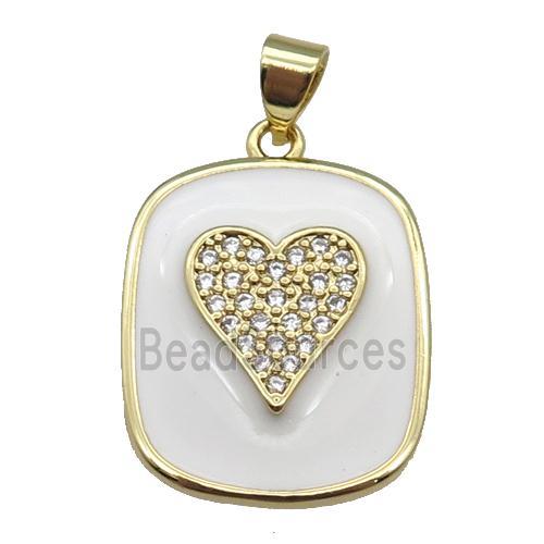 copper Rectangle paved zircon with white enamel, heart, gold plated