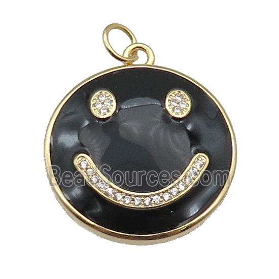 copper Emoji pendant paved zircon with black enamel, happiness face, gold plated