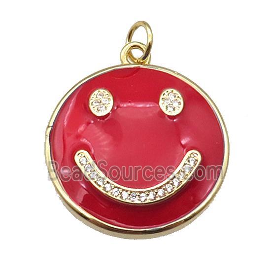 copper Emoji pendant paved zircon with red enamel, happiness face, gold plated