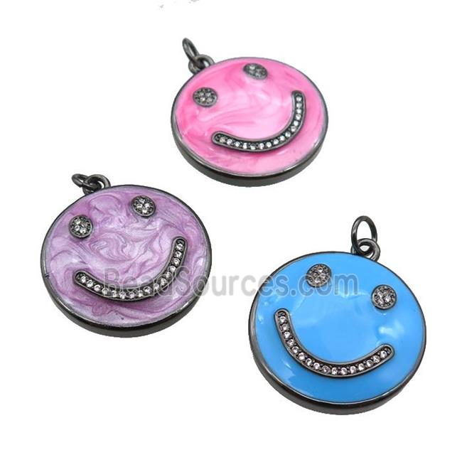 copper Emoji pendant paved zircon with enamel, happiness face, black plated, mixed