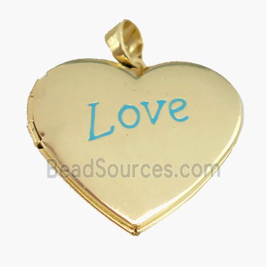 copper Heart Locket pendant with blue enamel, LOVE, gold plated