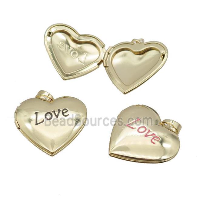 copper Heart Locket pendant with enamel, LOVE, gold plated, mixed