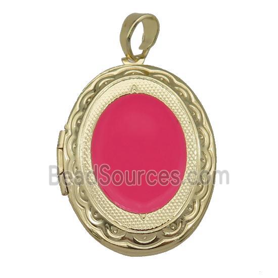 copper Oval Locket pendant with red enamel, gold plated