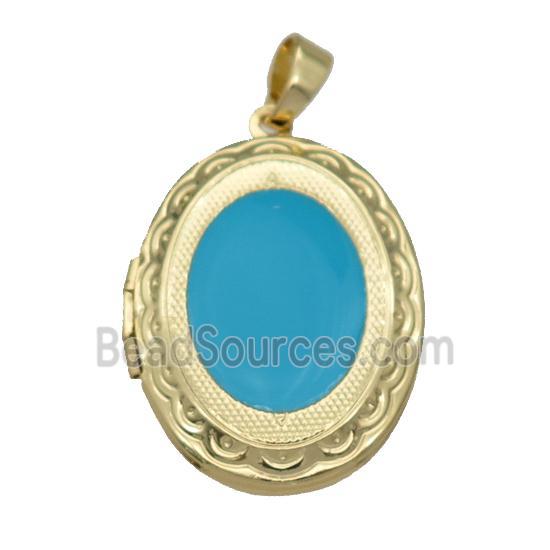 copper Oval Locket pendant with teal enamel, gold plated