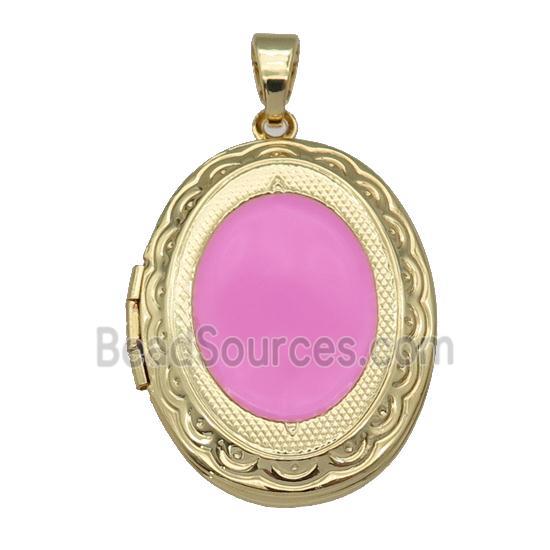 copper Oval Locket pendant with pink enamel, gold plated