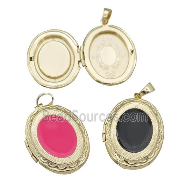 copper Oval Locket pendant with enamel, gold plated, mixed