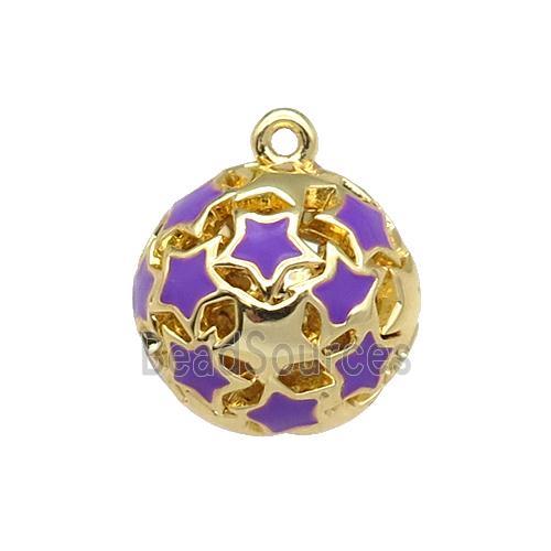 copper Ball pendant with purple enamel star, hollow, gold plated