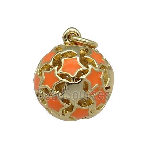 copper Ball pendant with orange enamel star, hollow, gold plated