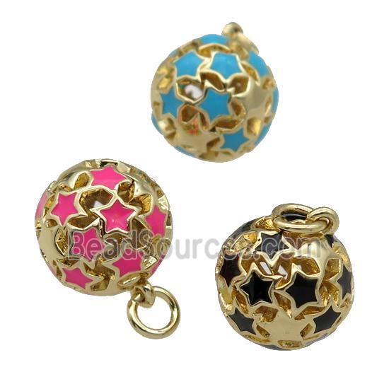 copper Ball pendant with enamel star, hollow, gold plated, mixed