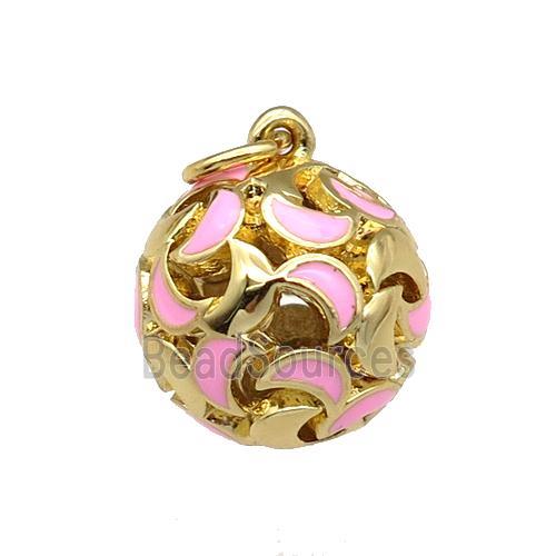 copper Ball pendant with pink enamel moon, hollow, gold plated