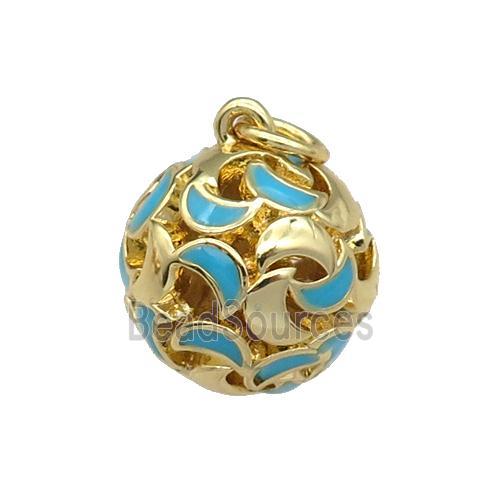 copper Ball pendant with teal enamel moon, hollow, gold plated