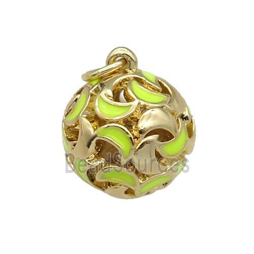 copper Ball pendant with yellow enamel moon, hollow, gold plated