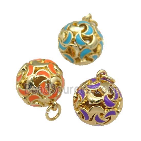 copper Ball pendant with enamel moon, hollow, gold plated, mixed