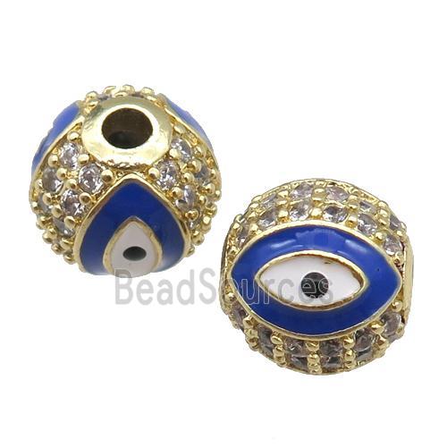 round copper Beads paved zircon with blue enamel Evil Eye, gold plated