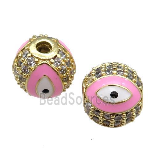 round copper Beads paved zircon with pink enamel Evil Eye, gold plated