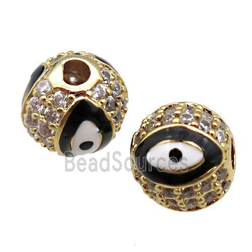 round copper Beads paved zircon with black enamel Evil Eye, gold plated