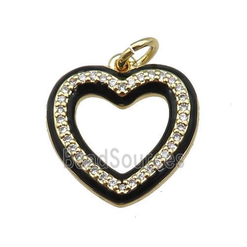 copper Heart pendant paved zircon with black enamel, gold plated