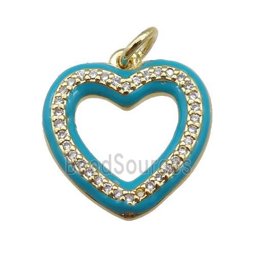 copper Heart pendant paved zircon with teal enamel, gold plated