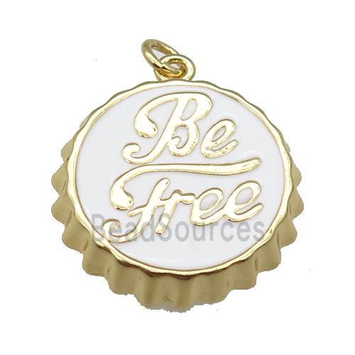 copper soda Bottle Cap pendant with white enamel, Be Free, gold plated