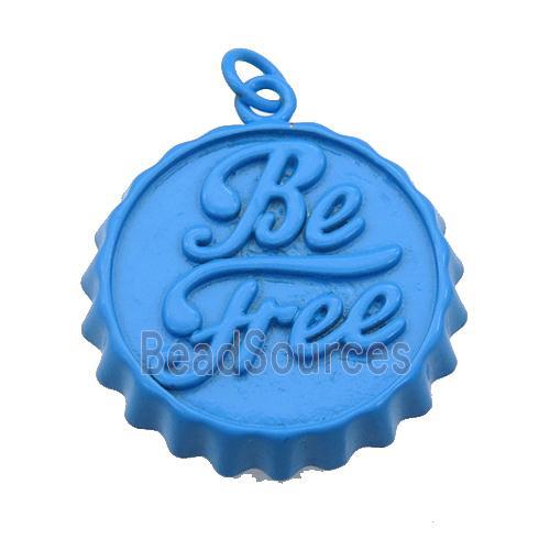 copper soda Bottle Cap pendant with blue fire Lacquered, Be Free