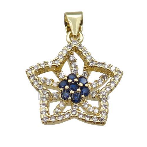 copper Flower pendant paved zircon, darkblue, gold plated