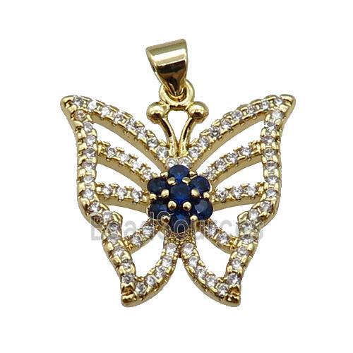 copper Butterfly pendant paved zircon, darkblue, gold plated