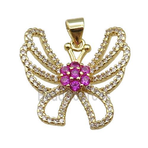 copper Butterfly pendant paved zircon, hotpink, gold plated