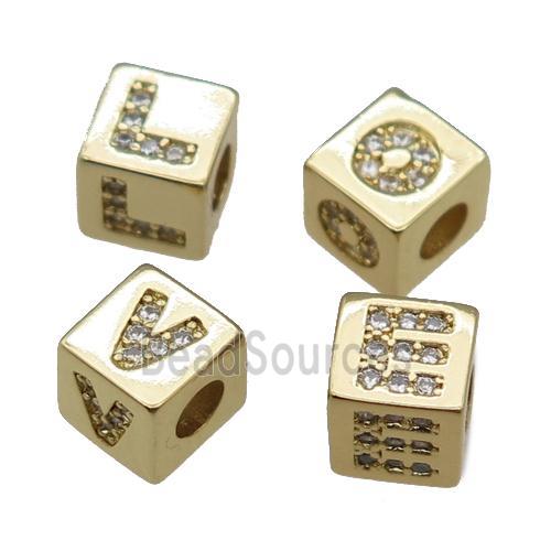 copper Cube Letter Beads paved zircon, gold plated, mixed