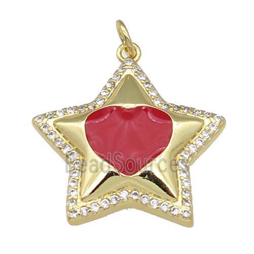 copper Star pendant paved zircon, red enamel, gold plated