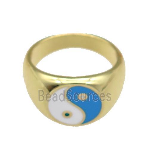 copper Ring with blue enamel Taichi, gold plated