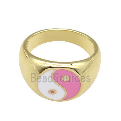 copper Ring with pink enamel Taichi, gold plated