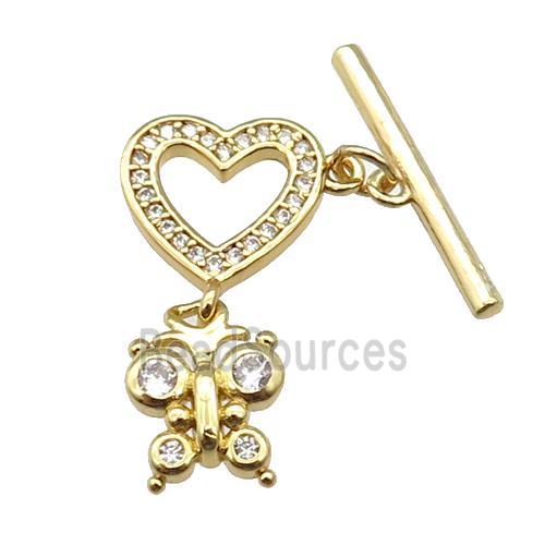 copper Toggle Clasp paved zircon, heart, gold plated